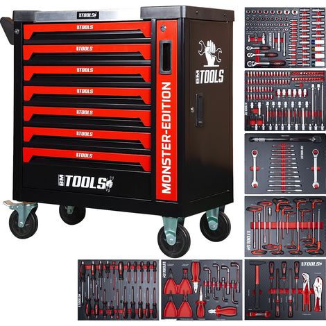 Servante d'atelier BM TOOLS 9/7 MONSTER-EDITION-RED 7 tiroirs pleins, 1 porte & 1 tiroir vertical - 257 outils - Sur roulettes