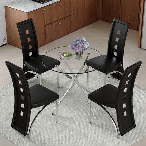 Ensemble table salle à manger 88 cm verre trempé + 4 chaises noires similicuir perforé géométrique – moderne minimaliste (1/4)