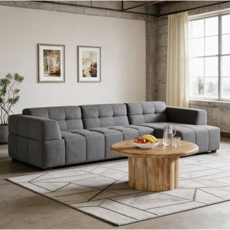 Tavolino da caffè rotondo 80x80x40 cm marrone in MDF con base scanalata stile tambour (1/5)