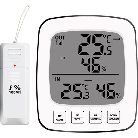 Thermometre Hygrometre Interieur Exterieur - Ecran Grand Format Rétroéclairé - Alarme Température Haute Basse - Enregistrement Min Max 24h - 1 Récepteur + 3 Capteurs Sans Fil (1/5)