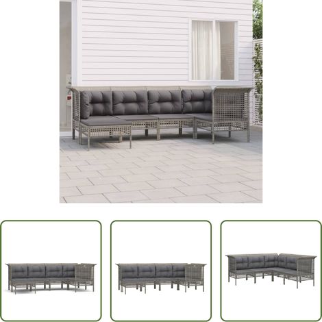 Canapé extérieur - Salon de jardin 6 pcs avec coussins Gris Résine tressée (1/5)