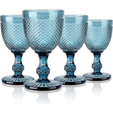 Blue Diamond Embossed Wine Glasses Colorful Wine Tumbler Set for Wine Juice Drinks Retro Drinking Glasses with Foot, Dishwasher Safe (1/5)