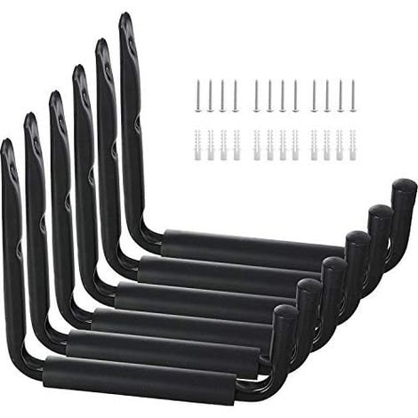 Crochet Velo Mur, 22cm Crochets Garage de Stockage avec Le Bras Jumbo, Mural Utilitaires Revêtement Anti-Dérapant (6Pcs, Noir) Noir (1/5)