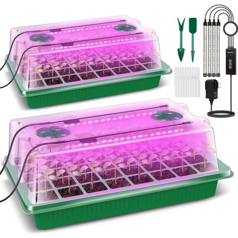 2 Kits de Démarrage - Plateau de Semis - Lampe de Culture - Miniserre Intérieure avec Dôme Humidité et Minuteur Intelligent pour Jardinage Domestique Noir 40x20x15cm