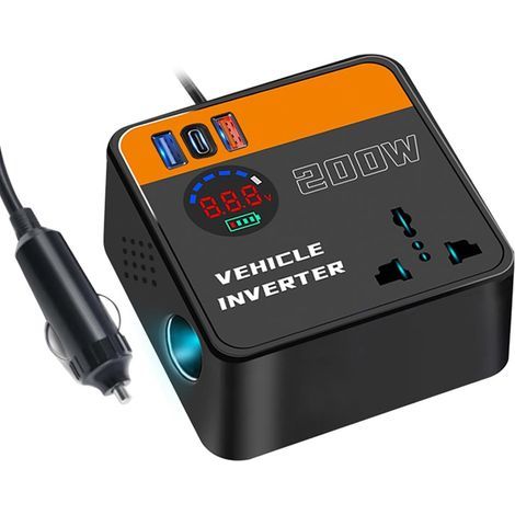 Convertisseur Voiture 200W 12V 220V Convertisseur de Tension Camion avec Type-C & Port USB, Onduleur Transformateur avec Allume Cigare Prise Electrique pour Voiture, Caravane, Camping