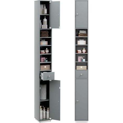 COSTWAY Badschrank Hochschrank schmal, Badezimmerschrank mit 2 Türen, 1 Schublade und verstellbaren Regalen, platzsparender Badregal für Badezimmer, Wohnzimmer, Küche, 20 x 20 x 180 cm Hellgrau (1/5)