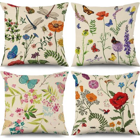 CCYKXA Housse de Coussin Fleur 40x40 cm, Lot de 4 Fleurs Fraîches Feuilles Vertes Beige canapé Housses de Coussin Lavable Lin Textile extérieur d'oreiller Taie d'oreiller (1/5)