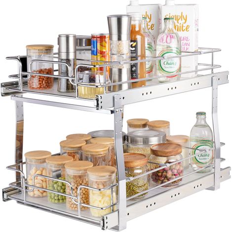 VEVOR Cestello Estraibile Sottolavello da Cucina 2 Ripiani 322x533mm e 300x516mm in Acciaio Cromato, Cestello Scorrevole Cucina Ripiano Carico max. 30kg, Cestello Portautensili Sottolavello da Cucina (1/5)