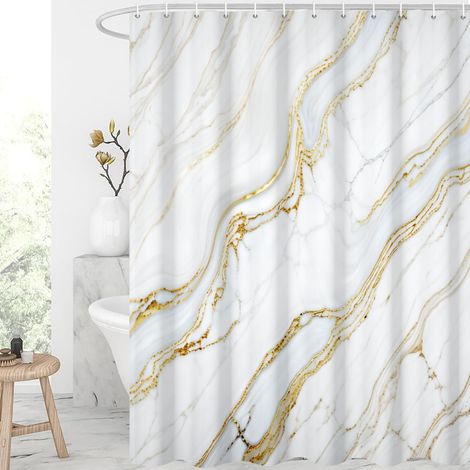 Rideau de douche, 180x200cm, Marbre Or et Blanc Texture Moderne Fissure Encre Tissu Imperméable Rideau de bain lavable en machine avec crochets (1/5)