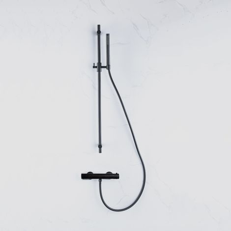 Fortifura Calvi Ensemble de douche barre curseur avec douchette stick, flexible lisse et robinet de douche Noir mat (1/5)