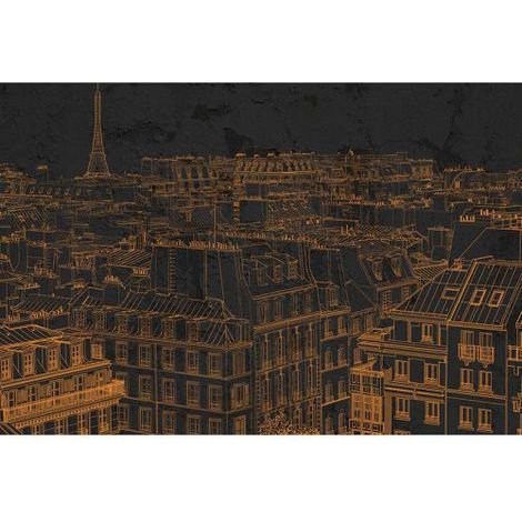 Papier peint panoramique noir & orange ville Tapisserie panoramique noire graphique toits de Paris Papier peint panoramique tour Eiffel pour salon (1/3)