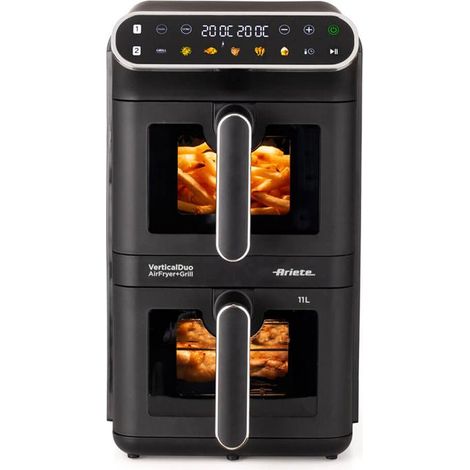 Ariete 4640 Air Fryer Vertical Duo - Friggitrice Ad Aria Doppia Verticale, 11L, 2460W, 6 Programmi, Funzioni Sync E Dual, Fino A 200°C, Nera