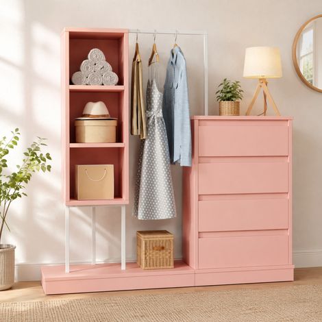 Armadio guardaroba con cassetti e barra appendiabiti, 140 x 40 x 135 cm, rosa e bianco HAVRYA (1/5)