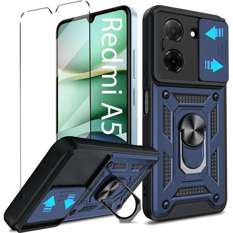 Coque et Verre trempé pour Xiaomi Redmi A5 4G étui Housse Etui Protection et protège écran Antichoc,Lentille Coulissante Couverture, Support 360° Rotatif Militaire PC Armor Navy (1/5)