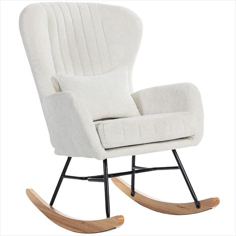 Fauteuil à bascule en velours blanc pour chambre ou salon, dossier haut et coussin lombaire, 67 x 88 x 104 cm (1/5)