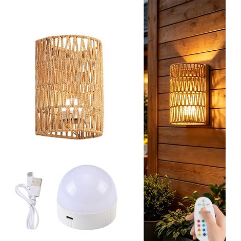 Applique Murale LED en Rotin Rechargeable, 3 Couleurs + RGB, avec Télécommande, Lampe Décorative pour Chambre Salon Balcon Terrasse (1/5)