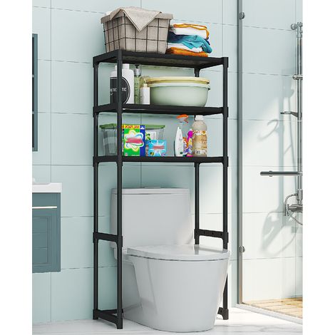 Colonne de toilette,Étagère de Salle de Bain,Meuble WC Au-Dessus des Toilettes à 3 Niveaux,Barre Inférieure Réglable, Meuble de Rangement Cadre en Métal-50.5x30x134cm,noir (1/5)