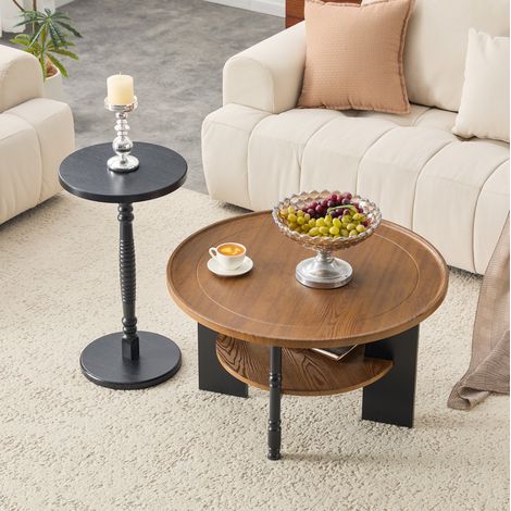 Table basse ronde 2 pièces avec table d'appoint, Ø 80 cm, MDF et PVC, couleur noyer et noir HAVRYA (1/5)