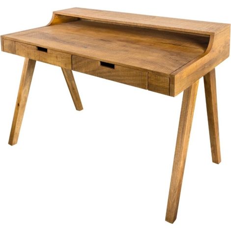 Bureau droit SKAGEN 120 cm en bois massif de manguier verni avec 2 tiroirs et étagère – Style Davenport (1/5)
