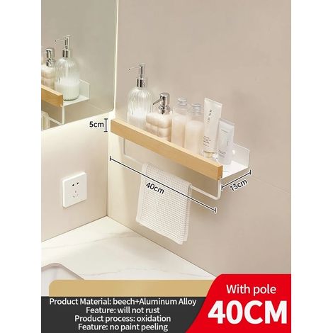 (Poteau blanc de 40 cm) Étagère d'angle en bois et aluminium pour salle de bain, rangement pour shampoing, étagère murale de douche (1/5)