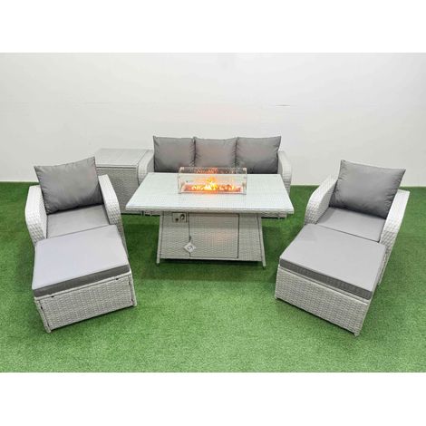 Fimous PE Rattan Garden Furniture Set Reclining Chair Sofa Lounge Sofa Set Firepit Dining Table Side Table 2 Big Footstool Light Grey (1/4)