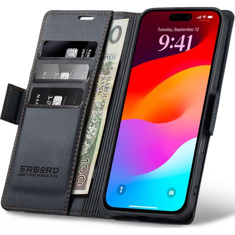 Custodia per iPhone 17 Pro Max, Litchi lucido, a portafoglio, nera (1/5)