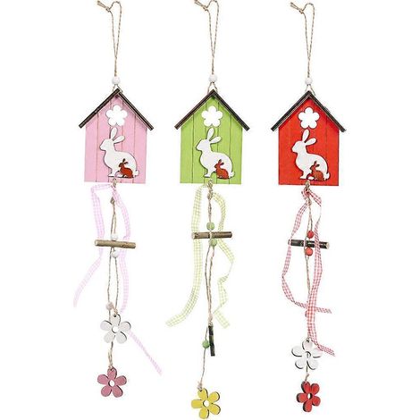 Pendentifs en Bois de Pâques - Lot de 3 Maison, Fleur et Lapin Colorés (1/4)