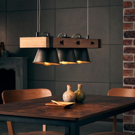 BRILLIANT Lampe Plow Pendelleuchte 3flg schwarz stahl/holz 3x A60, E27, 10W, geeignet für Normallampen (nicht enthalten) Köpfe schwenkbar (1/5)