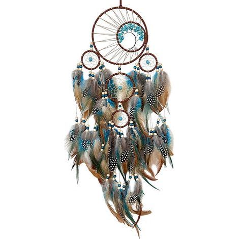 Décoration murale attrape-rêves ethnique 62 cm plumes bleu marron pour chambre à coucher idée cadeau originale (1/5)