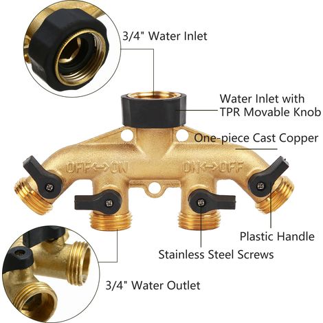 Répartiteurs de tuyau d'arrosage à 4 voies avec 2 rondelles à ressort d'extension, connecteur de robinet inverseur de robinet de 3/4 pouces, répartiteur de tuyau, distributeur d'eau avec interrupteur (1/5)