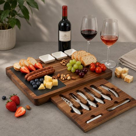 Planche à fromage en bois avec 4 couverts à fromage – Grand plateau à charcuterie 43 x 33 cm, plateau de service pour vin et fromage, mariage, anniversaire et pendaison de crémaillère (1/5)