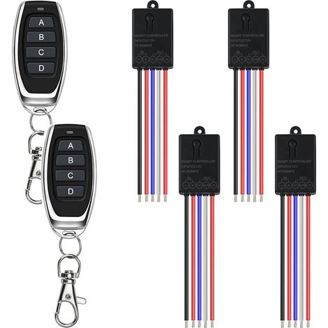 Relais Télécommandé Sans Fil 12V, Interrupteur DC 5V/12V/24V 10A  Commutateur À Distance Avec 2 Télécommandes, 4 Canaux Et Portée 100m Pour Portail, Lampe, Moteur Et Alarme (1/5)