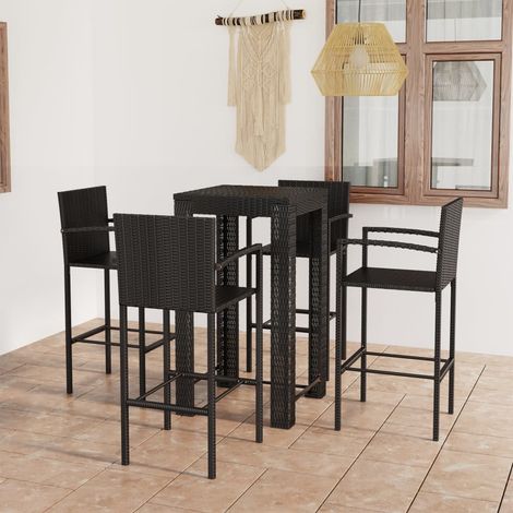 Ensemble Table de bar + 4 Chaises de bar de jardin - Table Haute avec 4 Tabourets avec accoudoirs Résine tressée Noir BV859346 - BonneVie (1/5)