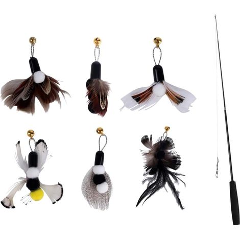 Lot de 7 Jouets en Plumes de Chat, Barre Chat Rétractable, Jouets en Plumes Canne à Pêche pour Chat Antidérapante avec 6 Recharges de Plumes et Cloche pour Chatons Exercice de Chasse (1/5)