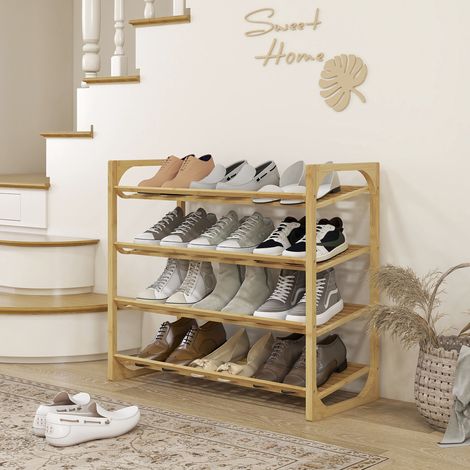 Étagère à chaussures en bambou 4 niveaux, 12 paires, étagères inclinées, format 76 x 33 x 67 cm, pour entrée et chambre, rangement ventilé - CHICFURN (1/5)