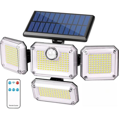 GROOFOO Solaire Lumiere Exterieur Applique Murale Luminaire LED 4 Têtes 333 LEDs Detecteur Mouvement Sécurité Projecteur Eclairage IP65 Etanche [Classe énergétique A+++] Sans Câble