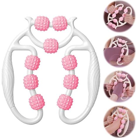 Rullo muscolare per gambe, rullo massaggiante anticellulite a 360°, rullo manuale anticellulite a 9 ruote per cosce, rullo in schiuma, allevia la stanchezza (rosa)