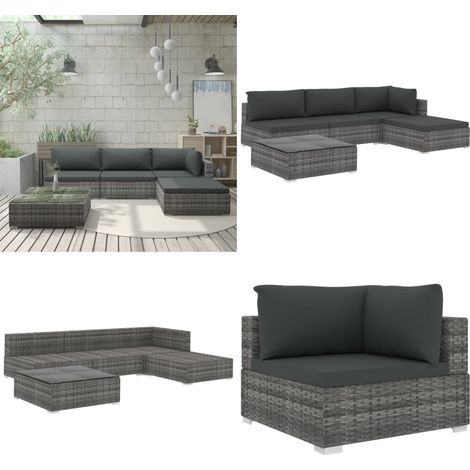 5-tlg. Garten-Lounge-Set mit Auflagen Poly Rattan Grau - Gartenmöbel - Loungemöbel - Rattanmöbel - Outdoormöbel - Balkonmöbel - Home & Living
