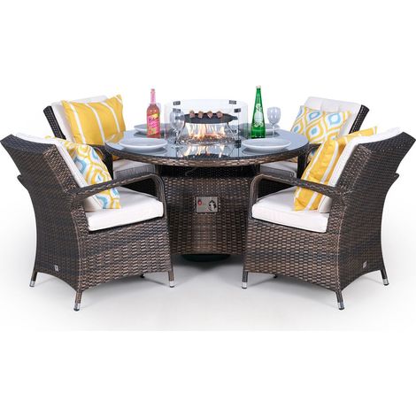 Arizona Fire Pit 4 Seater Round Rattan Dining Set - Brown (1/5)