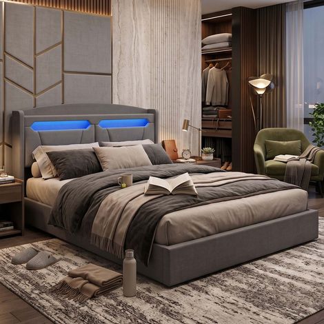 Creahappy Lit Coffre 140x200 cm Sommier Rangement avec Éclairage LED RGB Gain de Place & Station de Charge Intégrée Tissu Gris Design Contemporain (1/5)