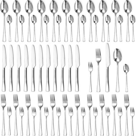 Set de couverts pour 12 personnes, 60 pièces avec couteau, fourchette, cuillère, en acier inoxydable poli miroir, couverts argentés, passe au lave-vaisselle (1/5)