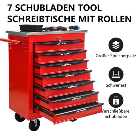 Coffre à outils mobile 7 tiroirs, chariot d'atelier en métal sur roues pour garage, entrepôt et réparation - avec dessus en inox rouge et noir