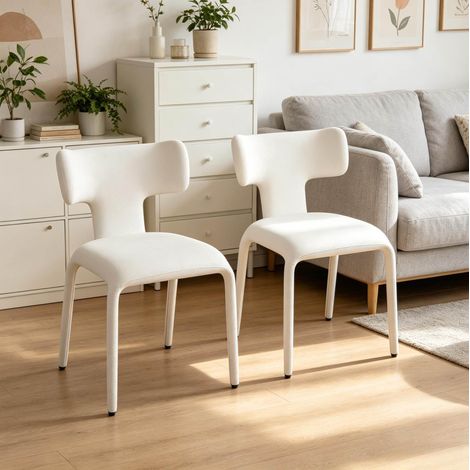 Silla de comedor de lino y metal color crema albaricoque, con respaldo curvo ergonómico y ruedas (1/5)