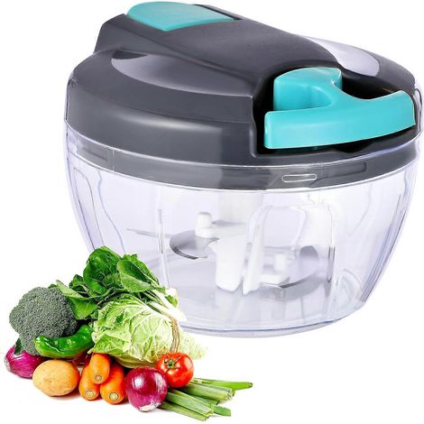 Hachoir à légumes manuel 500ml avec rallonge flexible coupe-ail et oignon portable à ficelle bleu (1/5)