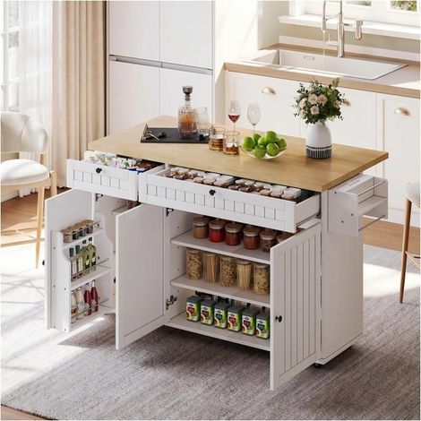 Îlot de cuisine - Blanc 137 cm - Plateau rabattable - 2 tiroirs - Roulettes pivotantes 360° (1/5)