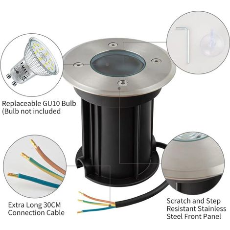 Faretto da incasso a terra per esterni per lampadine GU10, faretto a LED impermeabile IP65 per patio, faretto da terra rotondo e pratico per esterni, lampada da terra rotonda 230V per prato, cortile,  (1/4)