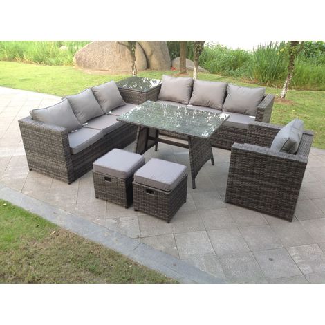 Fimous 7-Sitzer Grau Rattan Ecksofa Set mit Esstisch Sessel Fußhocker Gartenmöbel Outdoor (1/2)