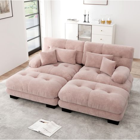 Sofá esquinero modular 220x145x81 cm de chenilla rosa con 2 pufs para salón – MEUBLIV (1/5)