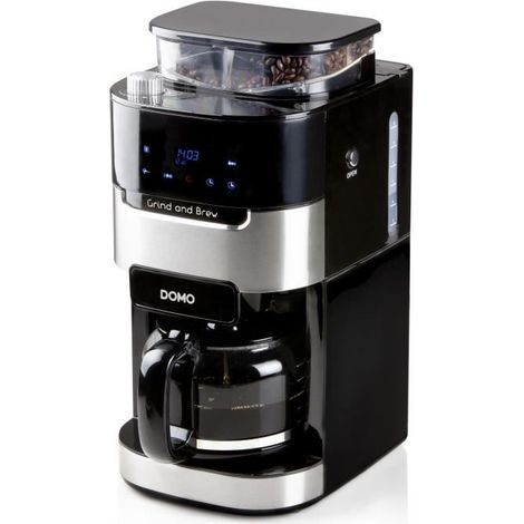 Cafetiere filtre avec moulin intégré – 900 W – 1,5 L – 12 tasses – 200 g de grains – Écran LCD – 3 intensités – Finesse de mouture réglable – Domo