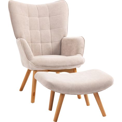Homcom – Fauteuil relax avec repose-pieds – Revêtement velours côtelé beige – Pieds en bois de hêtre – Accoudoirs ergonomiques – Confort optimal pour salon (1/5)